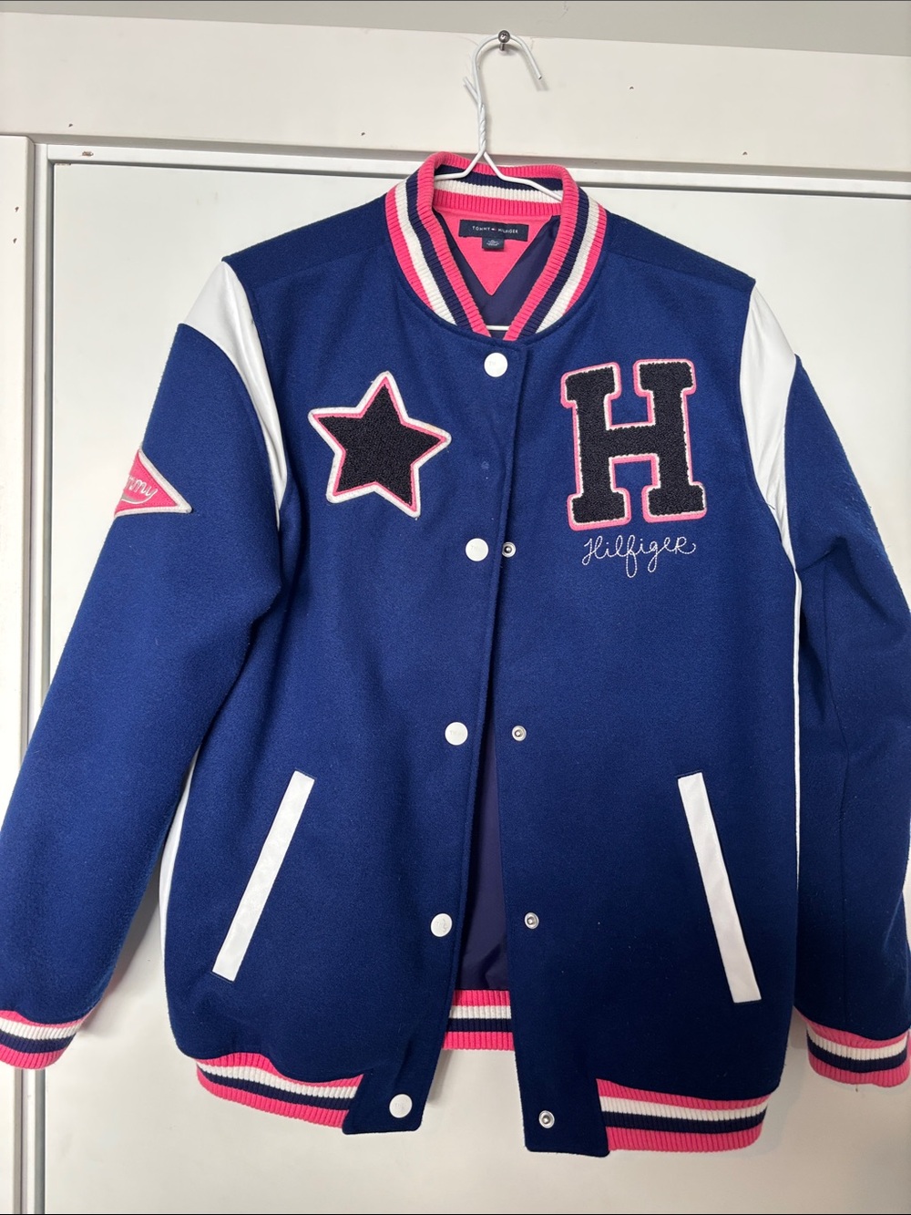 Tommy Hilfiger Navy, Pink & White Varsity Puffer Jacket